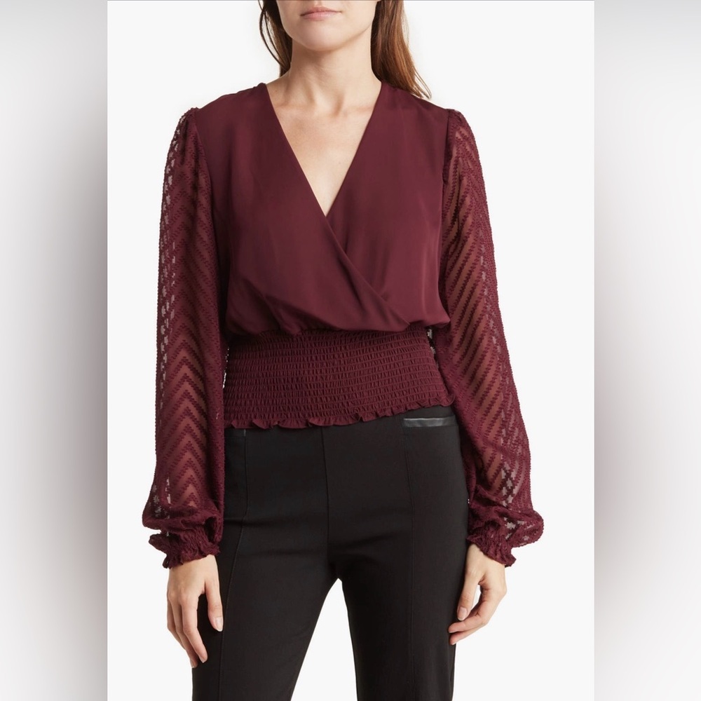 Laundry by Shelli Segal Burgundy Surplice Smocked Top XS